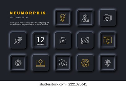 Creative idea set icon. Light bulb, strikethrough, patent, brain, lamp, philosophy, opinion, website, folder, speech bubble, arrows, promotion, marketing. Positive thinking concept. Neomorphism