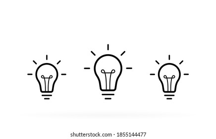 Idea creativa. Conjunto de bombillas de pie. Luz con rayos aislados en el fondo blanco. Ilustración vectorial.