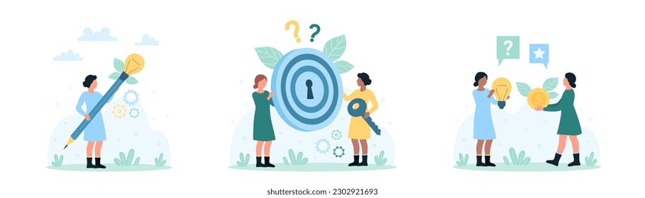 Creative idea set vector illustration. Cartoon tiny people create projects, holding pencil, bright light bulb and money coin, target lock and key to solve problems and find answers to questions