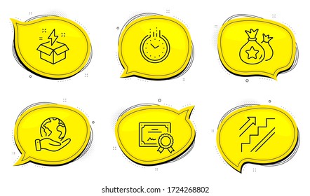 Creative idea sign. Diploma certificate, save planet chat bubbles. Stairs, Time and Loyalty points line icons set. Stairway, Clock, Money bags. Lightning. Business set. Outline icons set. Vector