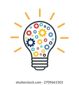 Icono de signo de idea creativa, icono de bombilla con engranaje relacionado con la idea y la creatividad. Símbolo de creatividad, idea creativa, mente, pensamiento.