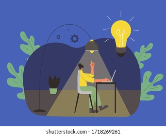 Creative idea. smart female character working on computer at night. Woman using laptop. Young lady sitting on chair and thinking about job. Vector flat color illustration.