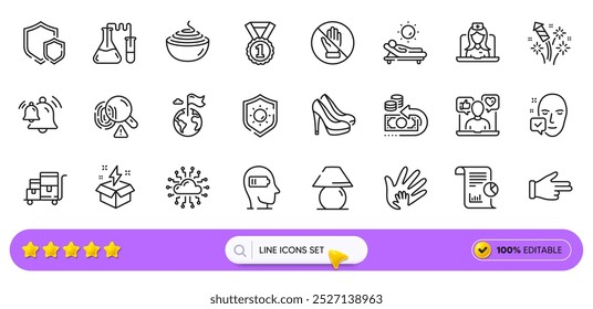 Creative idea, Social responsibility and Fireworks rocket line icons for web app. Pack of Bell, Telemedicine, Pasta pictogram icons. Corrupt, Click hand, Chemistry lab signs. Search bar. Vector