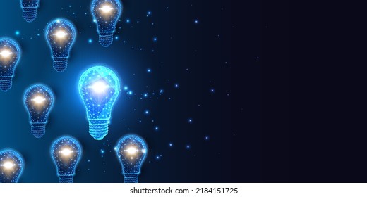 Creative idea, solution concept, lightbulbs banner in futuristic glowing low polygonal style on blue 