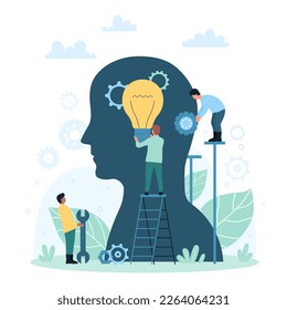Creative idea, solution and discovery vector illustration. Cartoon tiny people holding bright light bulb and gear inside abstract silhouette of human head, brainstorm process of invention creation