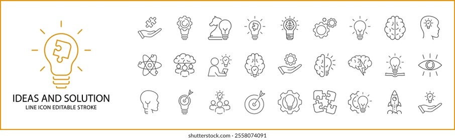 Creative Idea And Solution icon Set In line Style. Creative Idea Solution icons. Vector Illustration. Editable Stroke.