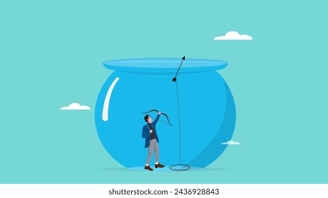 creative idea to solve business problem with businessman who launches an arrow tied to a rope to climb out of a fish aquarium jar prison, problem solving skills, get solution or strategy on business