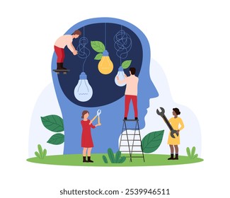 Creative idea to solve problem, solution process simplification Tiny people repair dark broken bulbs with messy knots hanging on wires inside human head, upgrade thoughts cartoon vector illustration