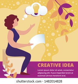 Creative Idea Square Banner. Young Woman Sitting on Chair with Illuminated Light Bulb over Head. Creative Business Idea, Insight, Innovation, New Project Development. Cartoon Flat Vector Illustration