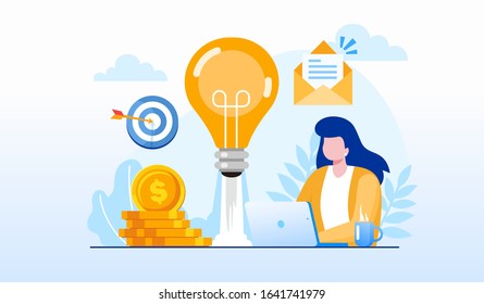 Creative idea with study literature and brainstorming for startup business landing page website illustration flat vector template 