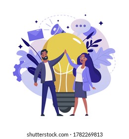 Creative Idea and Success flat illustration. Inspiration and Innovation color design. People with Lightbulb vector colorful metaphor, isolated on white background.