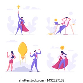 Creative Idea, Superhero Managers, Freelance Distant Work Concept. Successful Start Up with Business People Characters Launches Rocket Light Bulb, Teamwork, E-commerce Cartoon Flat Vector Illustration