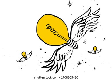 creative idea, a symbol. Light bulbs on their wings fly across the starry sky. Ink drawing manual drawing. Creativity and the birth of new ideas