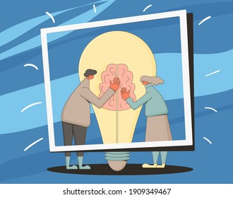 Creative idea team. Find a solution together. Vector characters with creative new idea symbol.