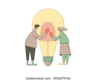 Creative idea team. Find a solution together. Vector characters with creative new idea symbol.