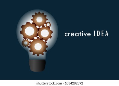 Creative idea, teamwork business concept. Brigth light bulb with metallic gear inside illusrtation vector.