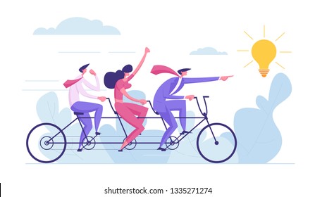 Creative Idea Teamwork Concept. Business Team Riding Tandem Bicycle. Businessman and Businesswoman Characters on Bike. Cooperation Leadership Metaphor. Vector cartoon illustration