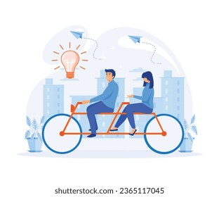 Creative Idea Teamwork Concept. Business Team Riding Tandem Bicycle, Cooperation Leadership. flat vector modern illustration 