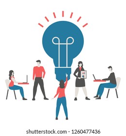 Creative idea and teamwork concept with light bulb and people. Trendy flat design.