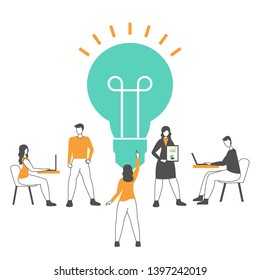 Creative idea and teamwork concept with light bulb and people. Trendy flat design.