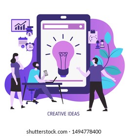 Creative idea and teamwork concept with light bulb and people. Trendy flat design.