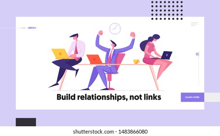 Creative Idea Teamwork Group Website Landing Page. Employees in Office Workplace, Cheerful Business Man Demonstrate Muscles Rejoice of New Project Web Page Banner. Cartoon Flat Vector Illustration