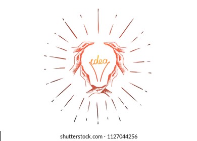 Creative, idea, teamwork, team,  solution concept. Hand drawn light bulb as symbol of brainstorming and creativity concept sketch. Isolated vector illustration.