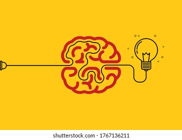 Creative idea thinking outstanding, inspiration, brainstorm, innovation, solution and imagination development. Light bulb with the maze human brain meaning solve problem. Vector illustration 