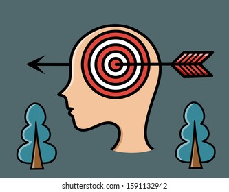 Creative idea thinking, Shooting target, human head peach color, red and white Darts Board, Arrow, Tree on green background, Vector illustration