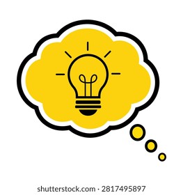 Creative Idea Thought Bubble Icon with Light Bulb, Yellow Cloud Speech Balloon Vector Illustration. Light bulb idea concept