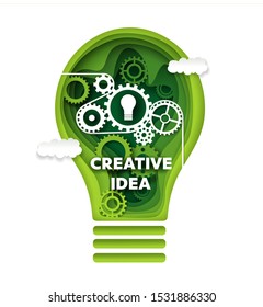 Creative idea, vector concept illustration in paper art craft modern style. Papercut green gear light bulb. Innovation, creative thinking, idea generation.