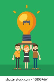 Creative idea. Vector happy people team holding glowing idea light bulb together isolated on green background. Business inspiration, teamwork, creative team, startup and problem solving illustration