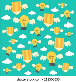 Creative idea vector illustration and background with lamps and pencils. Modern vector design element on color background
