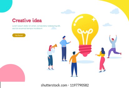 Creative idea vector illustration concept, people with giant shine light bulb, 
can use for, landing page, template, ui, web, mobile app, poster, banner, flyer