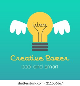 Creative idea vector illustration with lamp and wings. Modern vector design element on color background