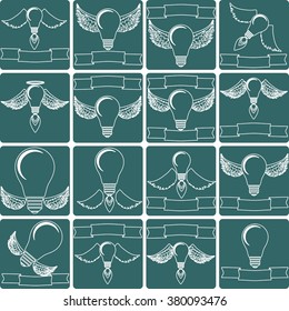 Creative idea vector illustration with lamp and wings. Modern vector design element on color background Bulb icon set