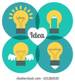 Creative idea vector illustration set of four lamps. Modern vector design element on colorful background. Brainstorm icons, genius inspiration