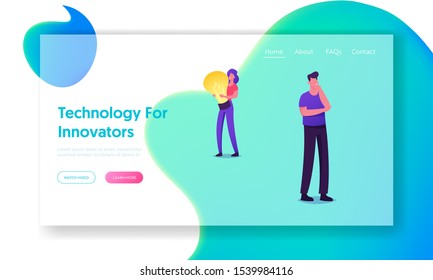 Creative Idea Website Landing Page. Young Woman Holding Huge Glowing Light Bulb, Man Stand in Thinking Posture. People Having Insight, Technologies Web Page Banner. Cartoon Flat Vector Illustration