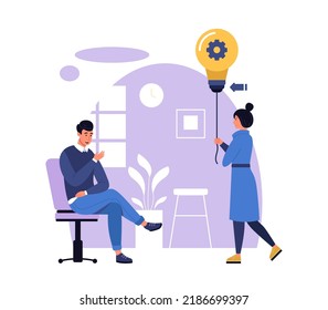 Creative Idea. Woman Coming With Light Bulb To Colleague. Smart Worker Sharing Innovation Or Solution With Male Employee. Cartoon Female Character Having Business Idea Vector Illustration
