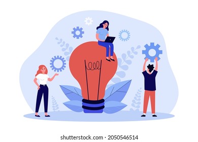 Creative idea, working process of business people team. Tiny man and woman characters standing, working with laptop near lightbulb flat vector illustration. Teamwork on new idea creation concept