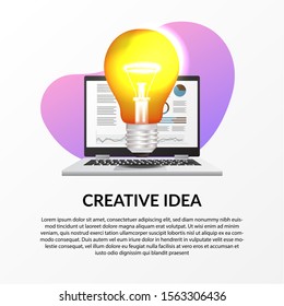 creative idea works concept. brainstorming, innovation, development. illustration of light lamp with laptop with infographic data.