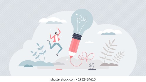 Creative idea writing as innovative lightbulb on pencil tiny person concept. Project development with imagination thinking and creativity approach vector illustration. Inspiration and invention scene.