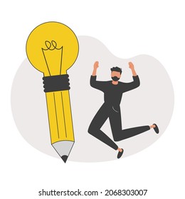 Creative idea writing as innovative lightbulb on pencil tiny person concept. Project development with imagination thinking and creativity approach vector illustration. Inspiration and invention scene.