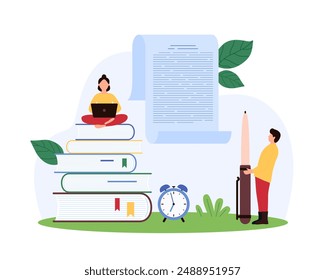 Creative idea of writing online article or essay, press release or blog review, storytelling, digital content creativity and promotion. Tiny people create text with pen cartoon vector illustration