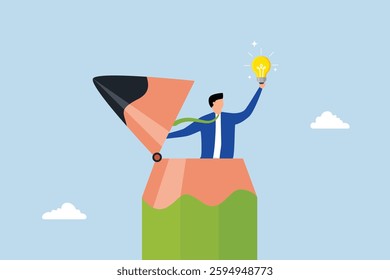 Creative idea, young creative man open pencil top discover new lightbulb idea.