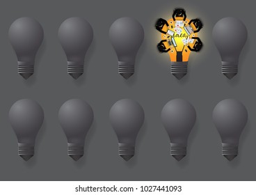 Creative ideas about the lamp. Different and distinctive lamps are lined in a vignette on a gray background. Businessmen help to brainstorm modern idea concept. idea are competing for business success