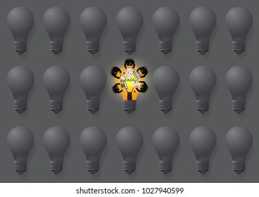 Creative ideas about the lamp. Different and distinctive lamps are lined in a vignette on a gray background. Businessmen help to brainstorm modern idea concept. idea are competing for business success