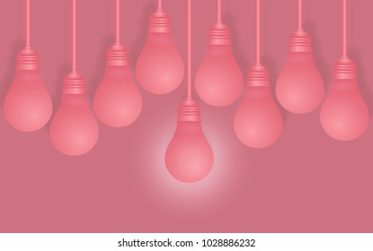 Creative ideas about the lamp. Different and distinctive lamps lined in paintings on a pink background. Pastel performances are featured in different ideas in the business. Vector image of success.