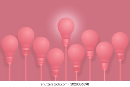 Creative ideas about the lamp. Different and distinctive lamps lined in paintings on a pink background. Pastel performances are featured in different ideas in the business. Vector image of success.