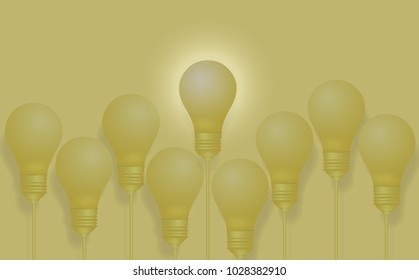 Creative ideas about the Light bulb. Different and distinctive lamps are lined in a vignette on a yellow background. The show featured in different ideas in the business. Success Vector illustrations
